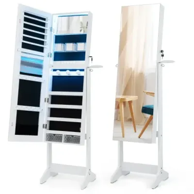 LED costway dulap bijuterii cu oglinda corp complet 41 x 37 x 156 cm alb