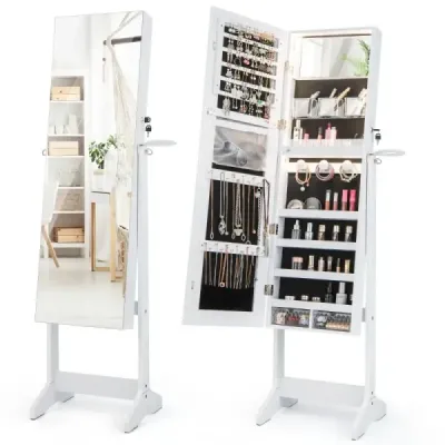 LED costway dulap bijuterii cu oglinda corp complet 41 x 37 x 156 cm alb