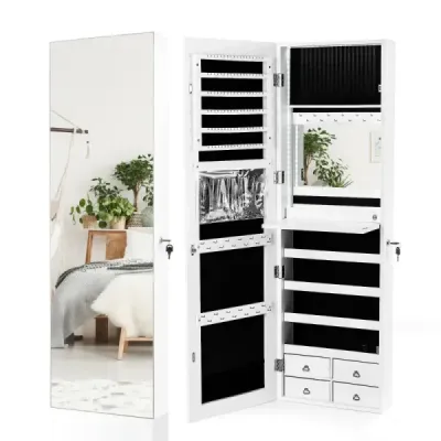 Costway bijuterii dulap cu LED iluminat raft bijuterii cu tot corpul oglindă albă