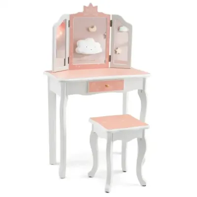 Costway Kids Machiaj Set tabel cu oglindă pliabilă triplă & detașabilă Plăci roz