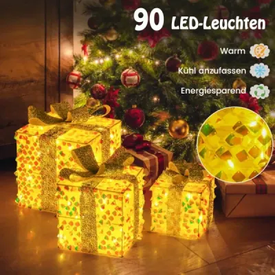 Costway 3 set LED cutii cadou iluminat cutii de Crăciun cu arcuri de argint