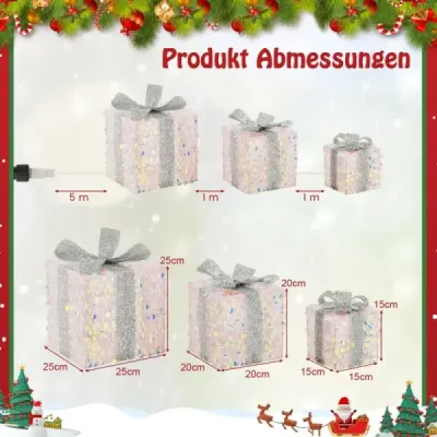 Costway 3 set LED cutii cadou iluminat cutii de Crăciun cu arcuri de argint