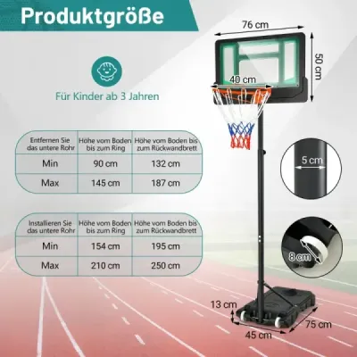 Costway Baschet Stand 90/158-210 cm înălțime coș de baschet reglabil cu stand rezistent la vreme în aer liber verde