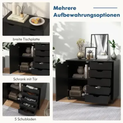 Containerul cu 5 sertare servieta mobila cu usa 79 x 39 x 65 cm Negru