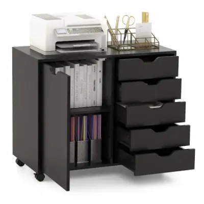 Containerul cu 5 sertare servieta mobila cu usa 79 x 39 x 65 cm Negru