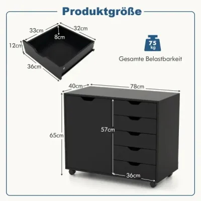Containerul cu 5 sertare servieta mobila cu usa 79 x 39 x 65 cm Negru