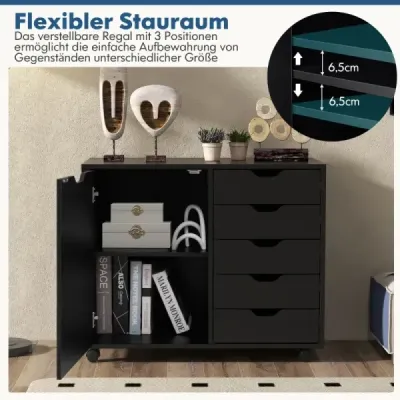 Containerul cu 5 sertare servieta mobila cu usa 79 x 39 x 65 cm Negru