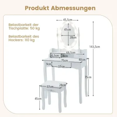 Make up table with LED lighting Ajustable Brightness Cute with 3 sertare White