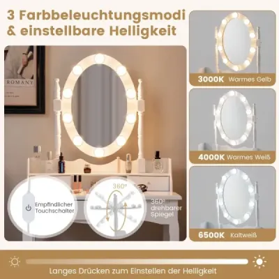 Make up table with LED lighting Ajustable Brightness Cute with 3 sertare White