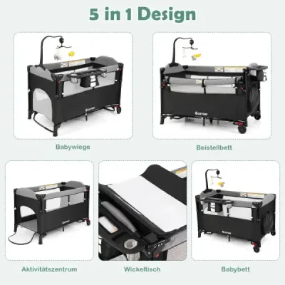 Pat pentru copii 5-in-1 convertibil cu schimbător de masă & sac de stocare negru