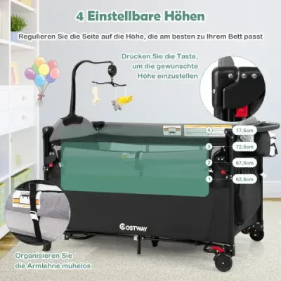Pat pentru copii 5-in-1 convertibil cu schimbător de masă & sac de stocare negru