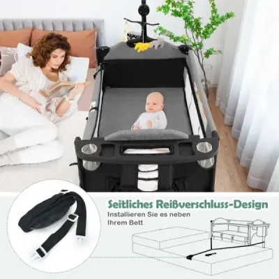 Pat pentru copii 5-in-1 convertibil cu schimbător de masă & sac de stocare negru