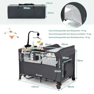 Pat de copil convertibil 5-in-1 cu schimbare de masă & sac de stocare gri