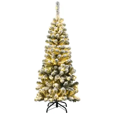 135 cm creion artificial pom de Crăciun cu zăpadă și 150 de lumini LED