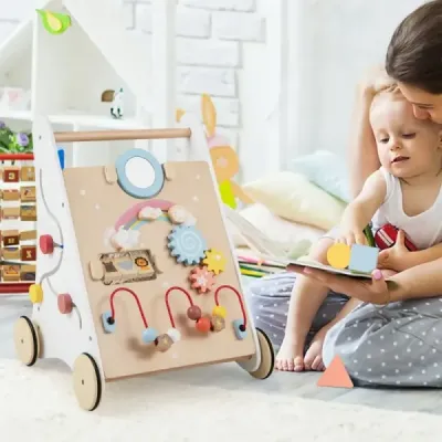 7 în 1 ajutor de mers pe jos din lemn cu bord & oglinzi și blocuri de construcții și cutie de depozitare
