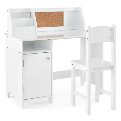 Set birou pentru copii lemn cu scaun & raft & dulap & perete Alb