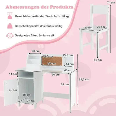 Set birou pentru copii lemn cu scaun & raft & dulap & perete Alb