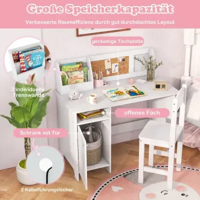 Set birou pentru copii lemn cu scaun & raft & dulap & perete Alb