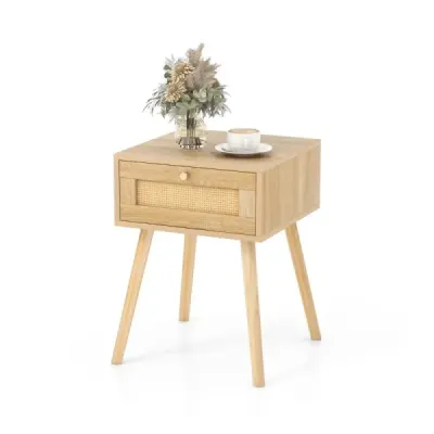 Masa de pat cu sertar masa laterala cu design rattan 40 x 40 x 55 cm stejar