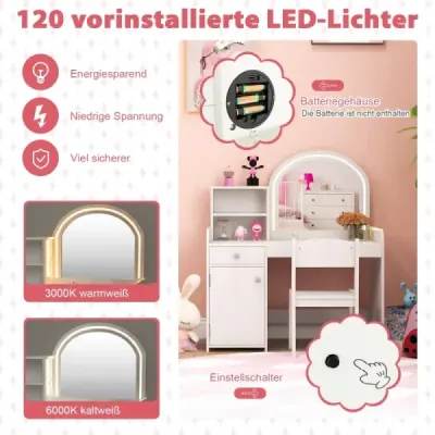 2 din 1 Copii Machiaj Set de masă cu Stool & LED Lights & Mirror & Sertar Masa cosmetice alb