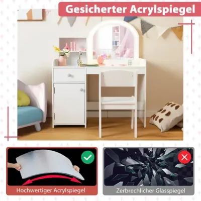 2 din 1 Copii Machiaj Set de masă cu Stool & LED Lights & Mirror & Sertar Masa cosmetice alb