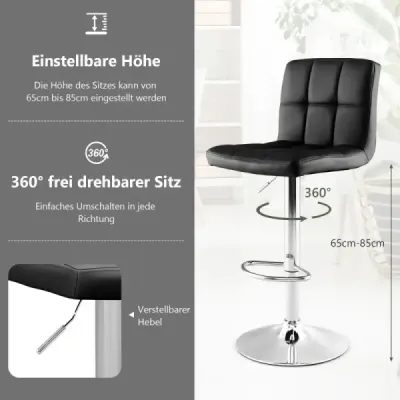 Costway 2 set 360° scaun bar rotativ din piele PU înălțime reglabil bar scaun scaun negru