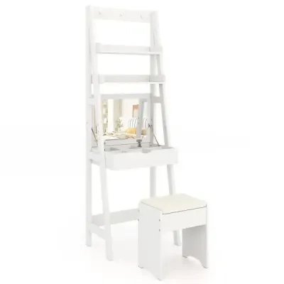 Set machiaj Frisierkommode cu oglindă pliantă și scaun alb 60 x 40 x 180 cm