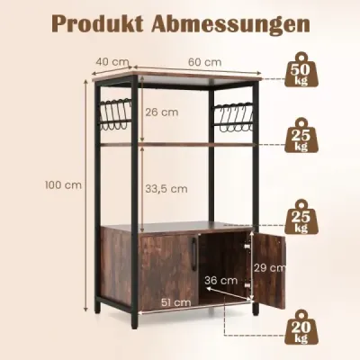 Rafturi de bucătărie cu dulap 3 etaje raft brutar cu 2 rafturi deschise & 10 cârlige 60 x 40 x 100 cm Brown