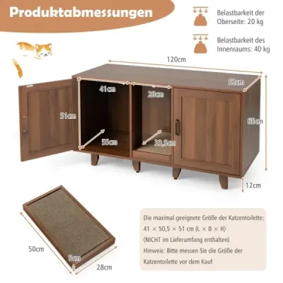 Cabinet pentru pisici cu 2 usi & tabla si intrare 120 x 52 x 65 cm Cafea