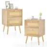 2 Set Rattan Masa de noapte stil Boho cu 2 sertare si picioare solide din lemn