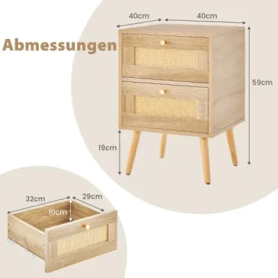 2 Set Rattan Masa de noapte stil Boho cu 2 sertare si picioare solide din lemn