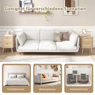 2 Set Rattan Masa de noapte stil Boho cu 2 sertare si picioare solide din lemn