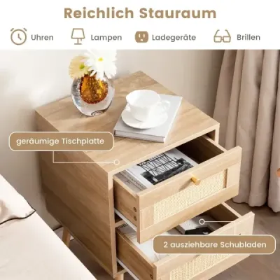 2 Set Rattan Masa de noapte stil Boho cu 2 sertare si picioare solide din lemn