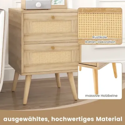 2 Set Rattan Masa de noapte stil Boho cu 2 sertare si picioare solide din lemn