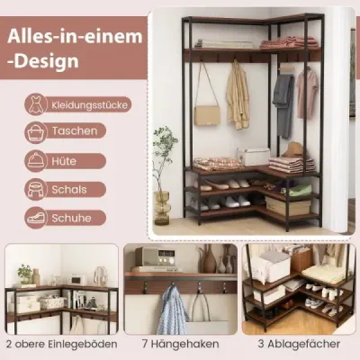 Colț rack haina cu banc raft L în formă de haină cu rafturi deschise 90 x 90 x 178 cm Walnut