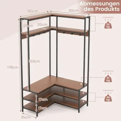 Colț rack haina cu banc raft L în formă de haină cu rafturi deschise 90 x 90 x 178 cm Walnut