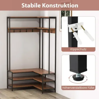 Colț rack haina cu banc raft L în formă de haină cu rafturi deschise 90 x 90 x 178 cm Walnut