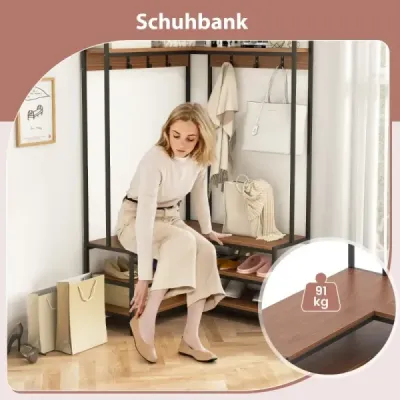 Colț rack haina cu banc raft L în formă de haină cu rafturi deschise 90 x 90 x 178 cm Walnut
