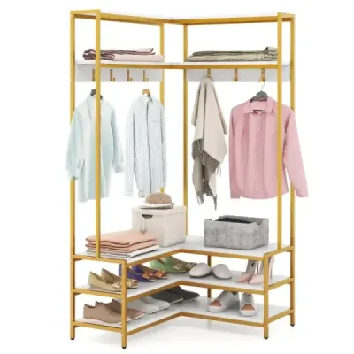 Colț rack haina cu banca L în formă de rack haina cu rafturi deschise 90 x 90 x 178 cm alb