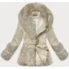 Jacheta din piele ecologică pentru femei cu guler de blană Way Mode ecru (OMS-15WD-03)