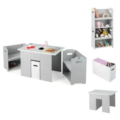 Set 3 parti de scaune si mese pentru copii 4-in-1 Masa de activitate cu 2 scaune stivuite Grey & White