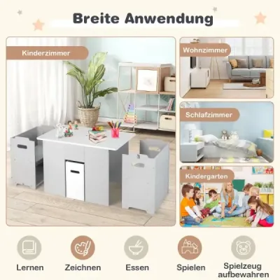 Set 3 parti de scaune si mese pentru copii 4-in-1 Masa de activitate cu 2 scaune stivuite Grey & White