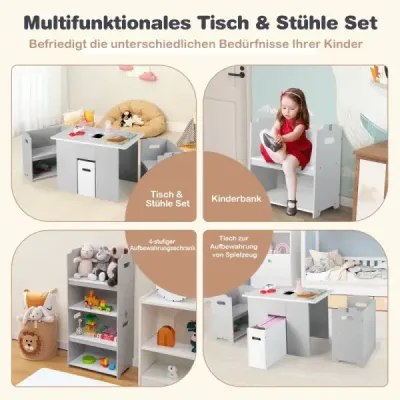 Set 3 parti de scaune si mese pentru copii 4-in-1 Masa de activitate cu 2 scaune stivuite Grey & White