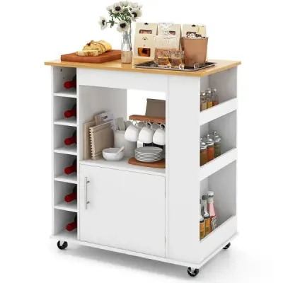 Insula Bucătăriei cu Storage & Tool Holder Bambus Plate Vin Rack White