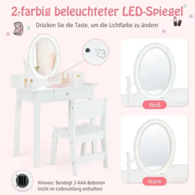 Masa de machiaj pentru copii cu oglinda iluminata cu scaun alb