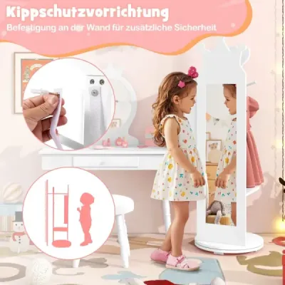 4 în 1 copii dulap de bijuterii dulap 360° rotatable cu tot corpul oglindă albă