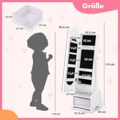 dulap de bijuterii pentru copii 2 în 1 dulap oglindă cu oglindă corp complet alb