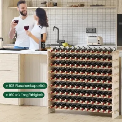 Rack de vin din lemn Stackable pentru 108 sticle cu 9 nivele sticluță