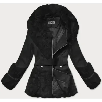Jacheta din piele ecologică pentru femei cu guler de blană Way Mode negru (OMS-15WD-01)
