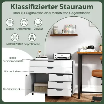 Containerul de rulare cu 5 sertare Cabinet mobil alb cu role și ușă